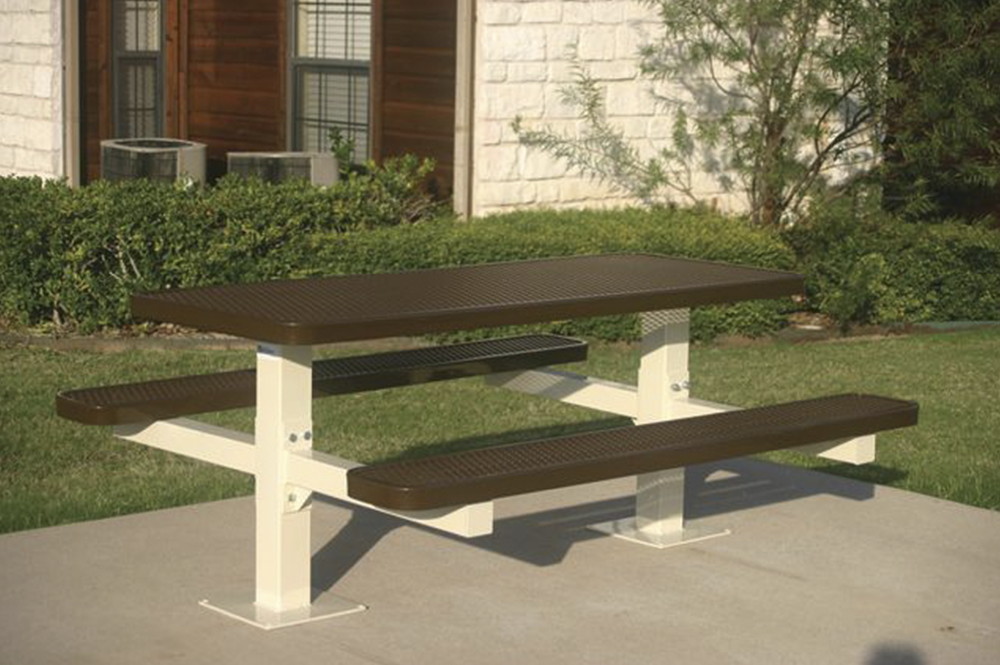Brown thermoplastic expanded metal picnic table with dual pedestal surface mount frame for commercial outdoor seating applications